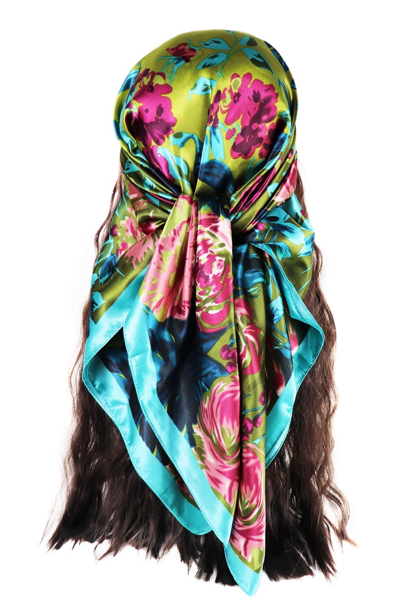 vabovin Women's 35" Satin Square Silk Like Hair Scarves and Wraps Headscarf for Sleeping (Green Pink Rose Flowers) - Image 1